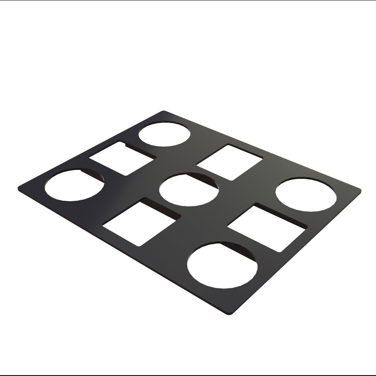 A flat, rectangular Duracoat coated cast aluminum plate with three large circular cutouts and four rectangular cutouts, evenly spaced in a grid pattern, photographed from an angle against a white background. Ideal as a cold food template.
