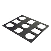 A flat, rectangular Duracoat coated cast aluminum plate with three large circular cutouts and four rectangular cutouts, evenly spaced in a grid pattern, photographed from an angle against a white background. Ideal as a cold food template.