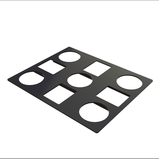 A flat, rectangular Duracoat coated cast aluminum plate with three large circular cutouts and four rectangular cutouts, evenly spaced in a grid pattern, photographed from an angle against a white background. Ideal as a cold food template.