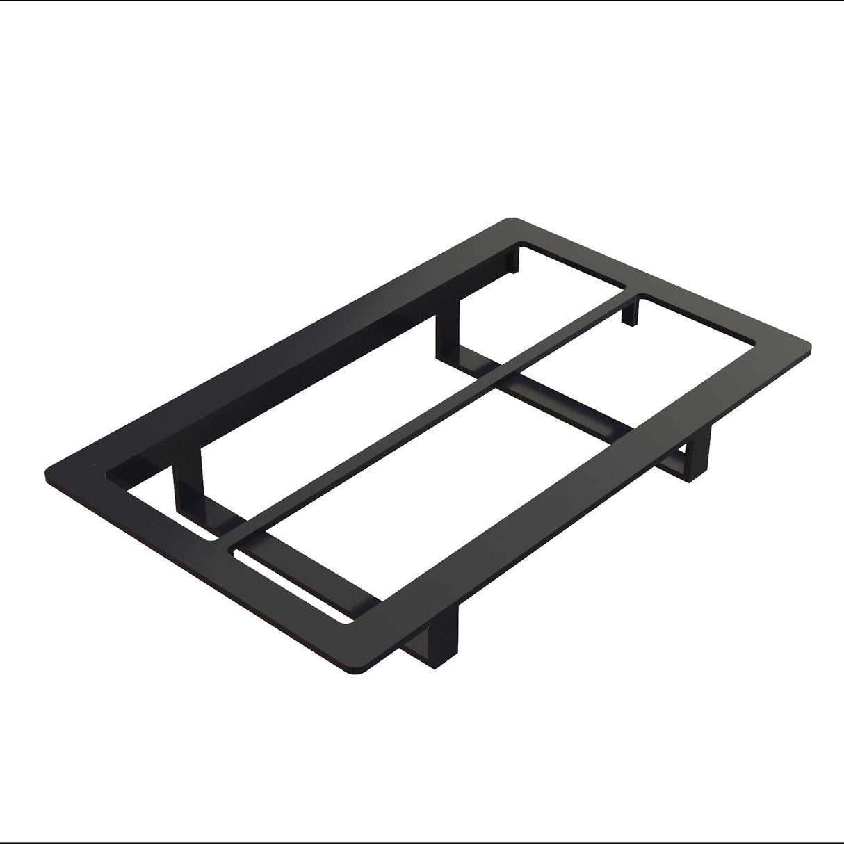 A black rectangular Duracoat coated cast aluminum frame with two inner bars and four short legs, viewed at an angle on a white background. The frame has open spaces and a minimalist, modern design.