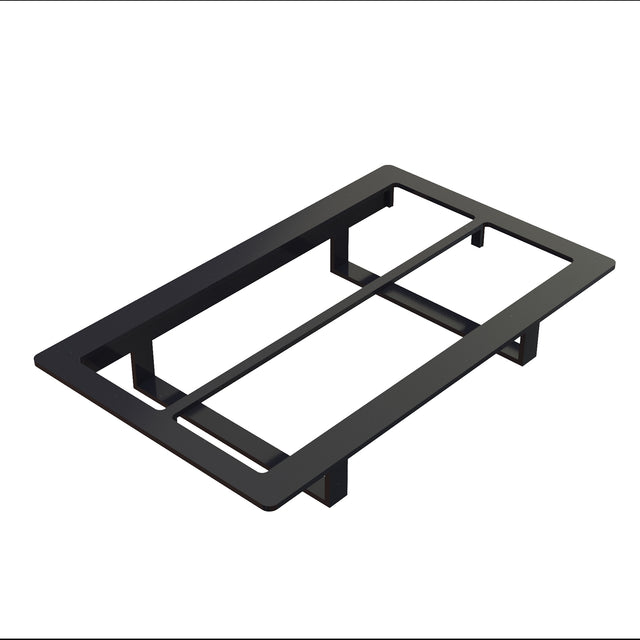 A rectangular, black Duracoat coated cast aluminum frame with three horizontal bars and two vertical support legs, photographed against a white background. Raised above the surface, it features clean, modern lines and a minimalistic design.