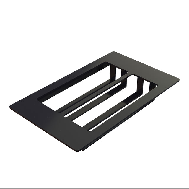 A rectangular, flat black Duracoat coated cast aluminum object with two large open slots and three connecting bars, isolated on a white background. The minimalist geometric design suggests use as a NSF-7 Cold Food Template or mounting plate for components.