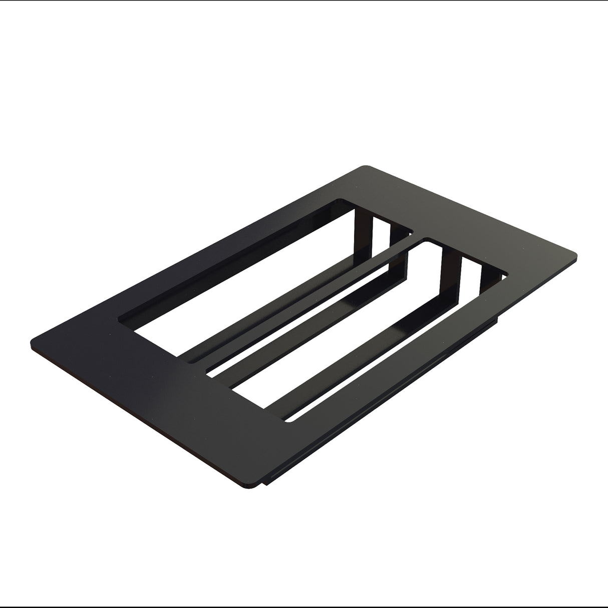 A rectangular, black Duracoat coated cast aluminum bracket with two large cut-out slots and internal support bars, photographed against a white background. The bracket appears to be a mounting or support plate for electronic or mechanical components.