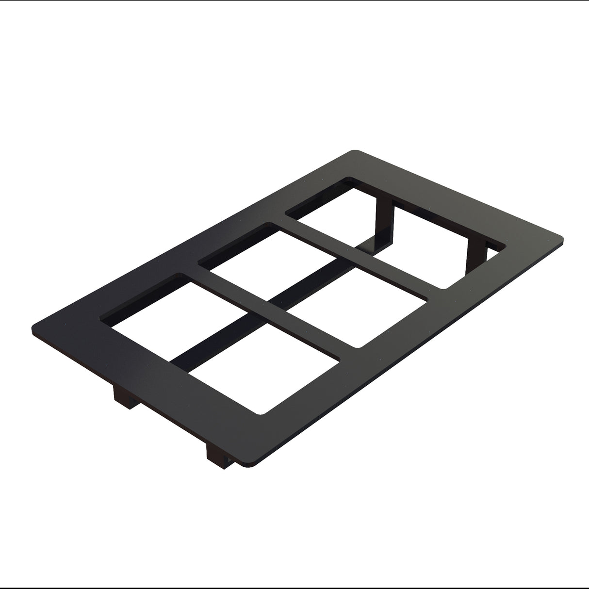 A black rectangular Duracoat coated cast aluminum switch plate cover with three rectangular cutouts for switches or outlets, shown on a white background at an angle, revealing its thickness and four supporting tabs underneath.