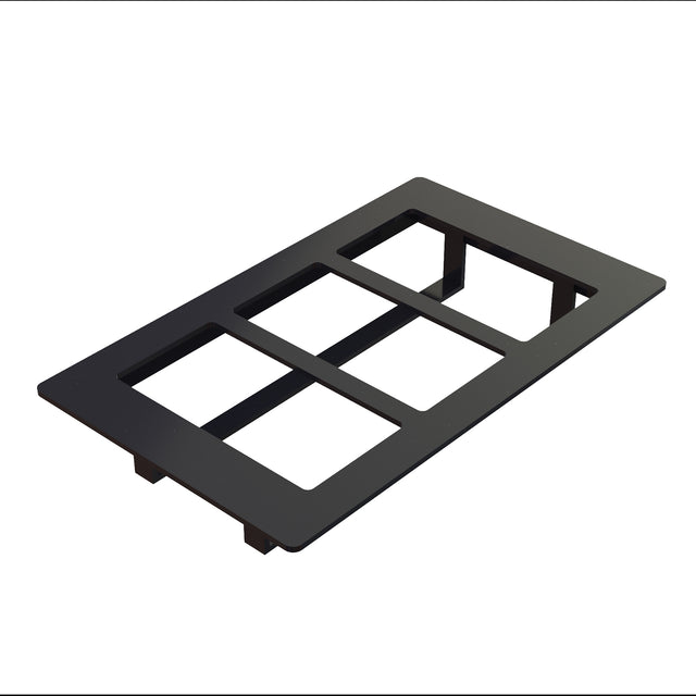 A black rectangular Duracoat coated cast aluminum switch plate cover with three rectangular cutouts for switches or outlets, shown on a white background at an angle, revealing its thickness and four supporting tabs underneath.
