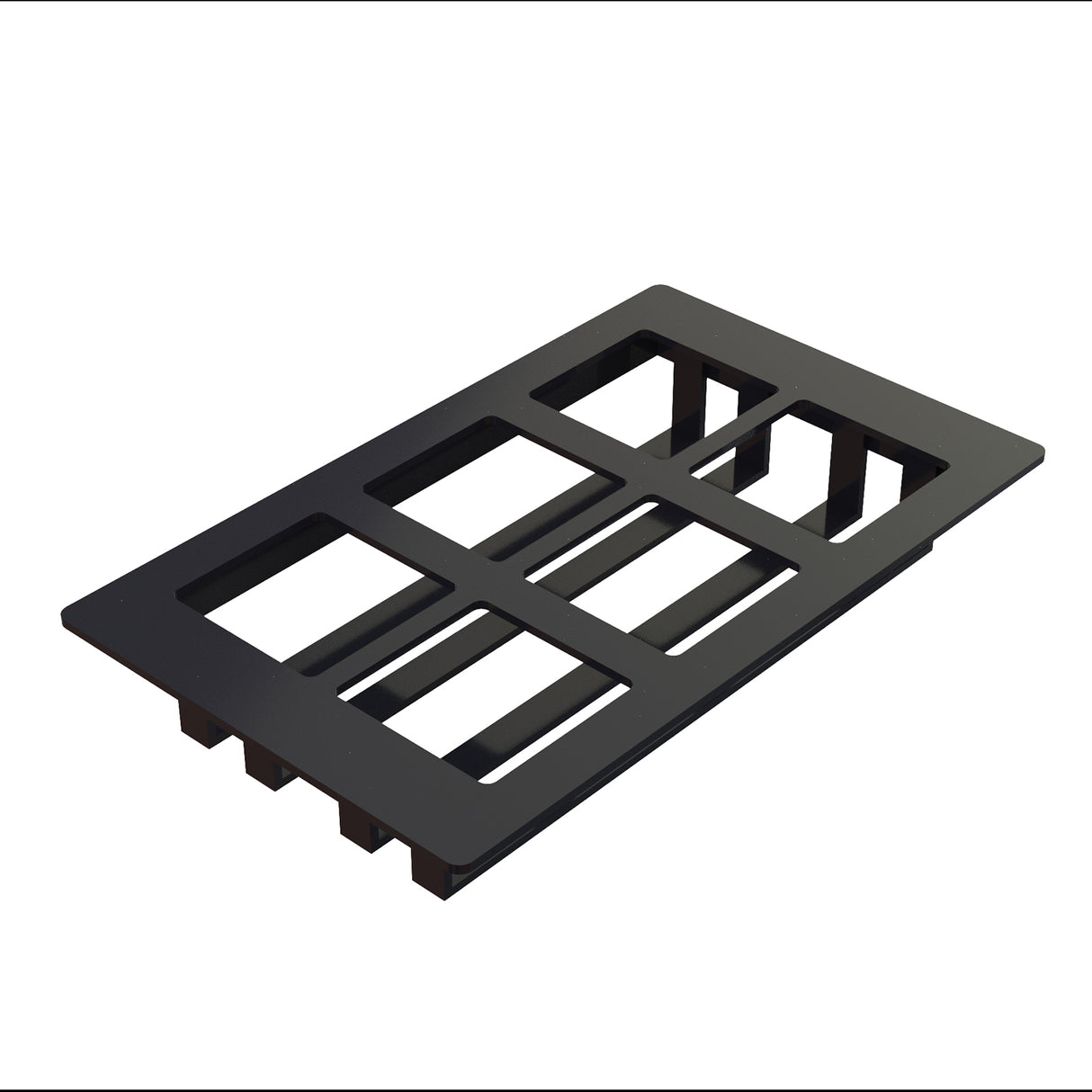 A black, rectangular plastic vent cover with six openings, angled diagonally on a white background. The vent features three horizontal slats and two vertical supports, creating a grid-like pattern—dishwasher safe for easy cleaning.