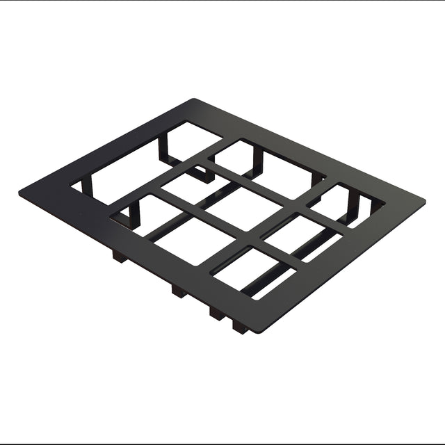 A black rectangular cold food template grid panel with nine evenly spaced square openings, slightly raised edges, and short supporting legs beneath, shown on a white background at an angle.