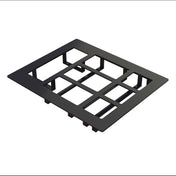 A black rectangular plastic grid with nine open square spaces, raised edges, and short legs underneath, placed on a white background. This cold food template could be used as a modular frame or mounting bracket, possibly for switches or sockets.
