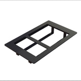 A black, rectangular plastic wall plate with two large cutouts, designed for covering and organizing double electrical switches or outlets. This cold food template is shown at an angle on a white background.