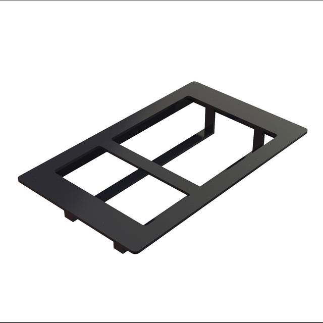 A black, rectangular plastic wall plate with two large cutouts, designed for covering and organizing double electrical switches or outlets. This cold food template is shown at an angle on a white background.