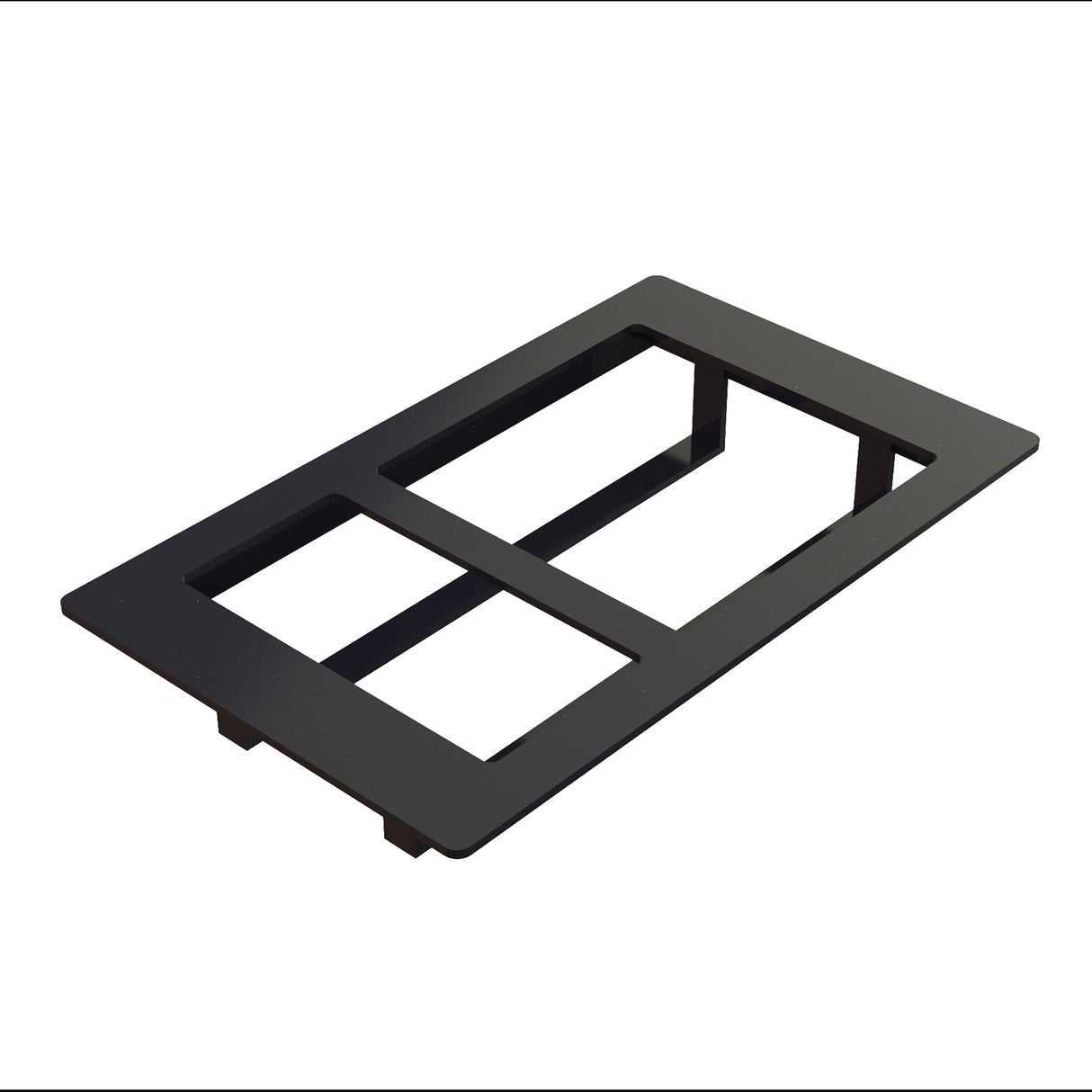 A black rectangular plastic wall plate with two open slots for switches or outlets, viewed at an angle against a white background. Featuring a flat, smooth surface and slightly rounded edges, this design is inspired by the Cold Food Template style.