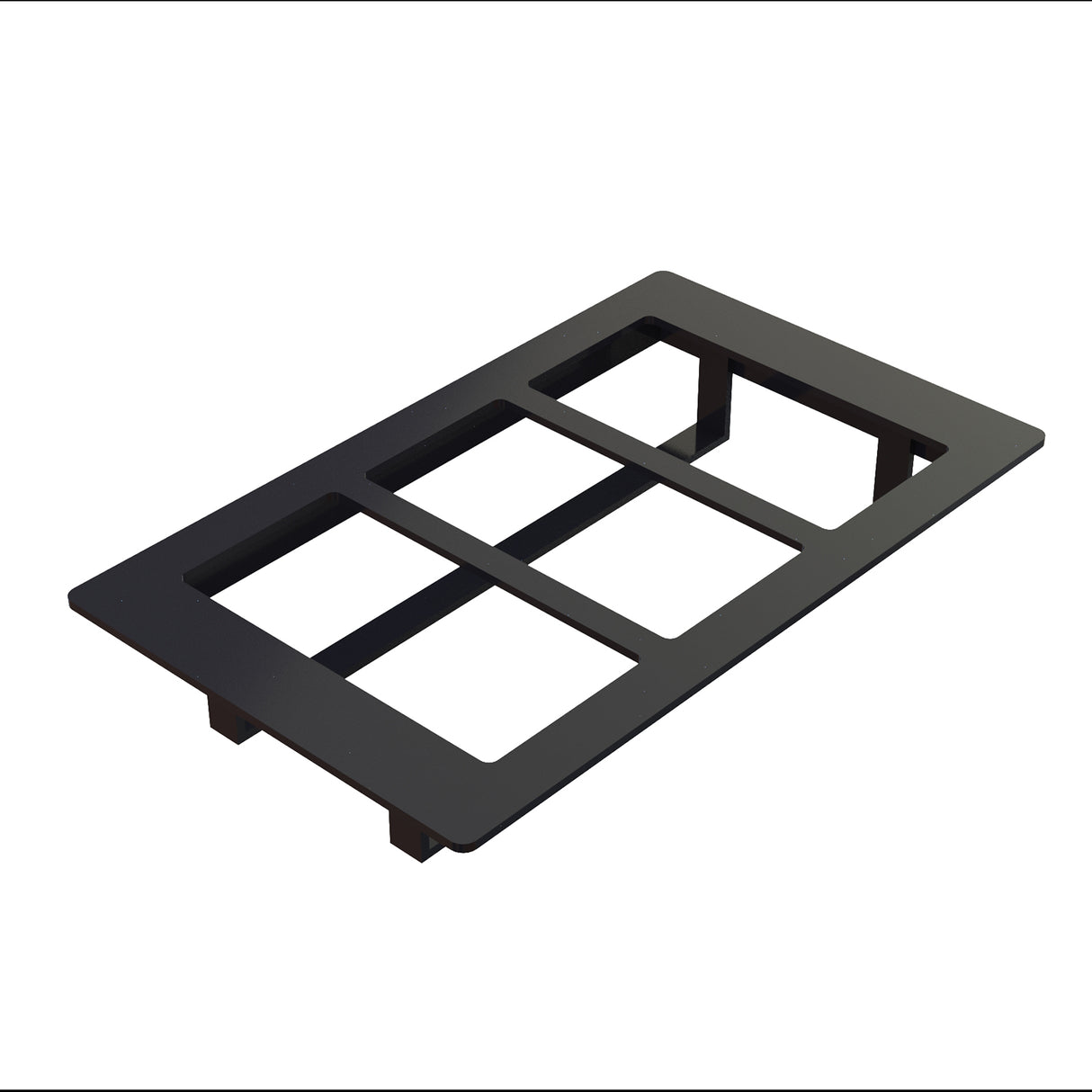 A rectangular black plastic faceplate with three evenly spaced rectangular cutouts, viewed at an angle against a white background. The plate, dishwasher safe for easy cleaning, has clips or tabs on the underside for mounting electrical switches or outlets.