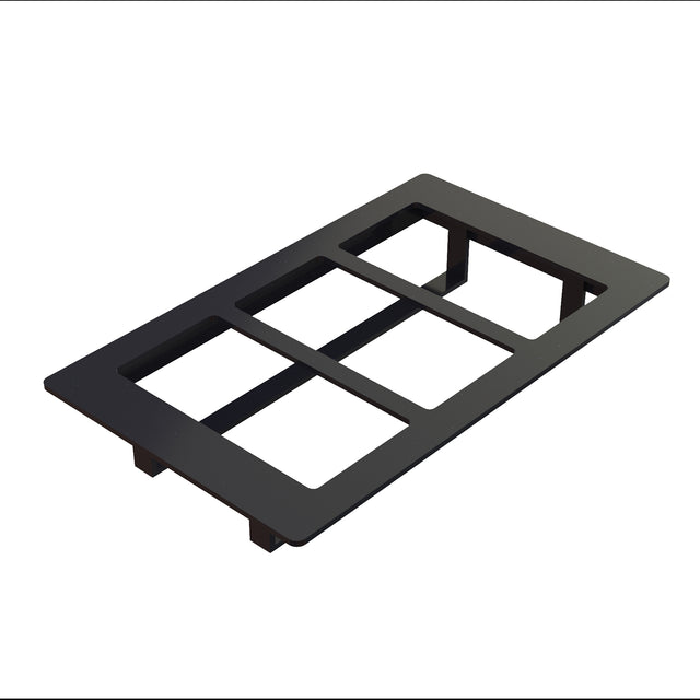 A rectangular black plastic faceplate with three evenly spaced rectangular cutouts, viewed at an angle against a white background. The plate, dishwasher safe for easy cleaning, has clips or tabs on the underside for mounting electrical switches or outlets.