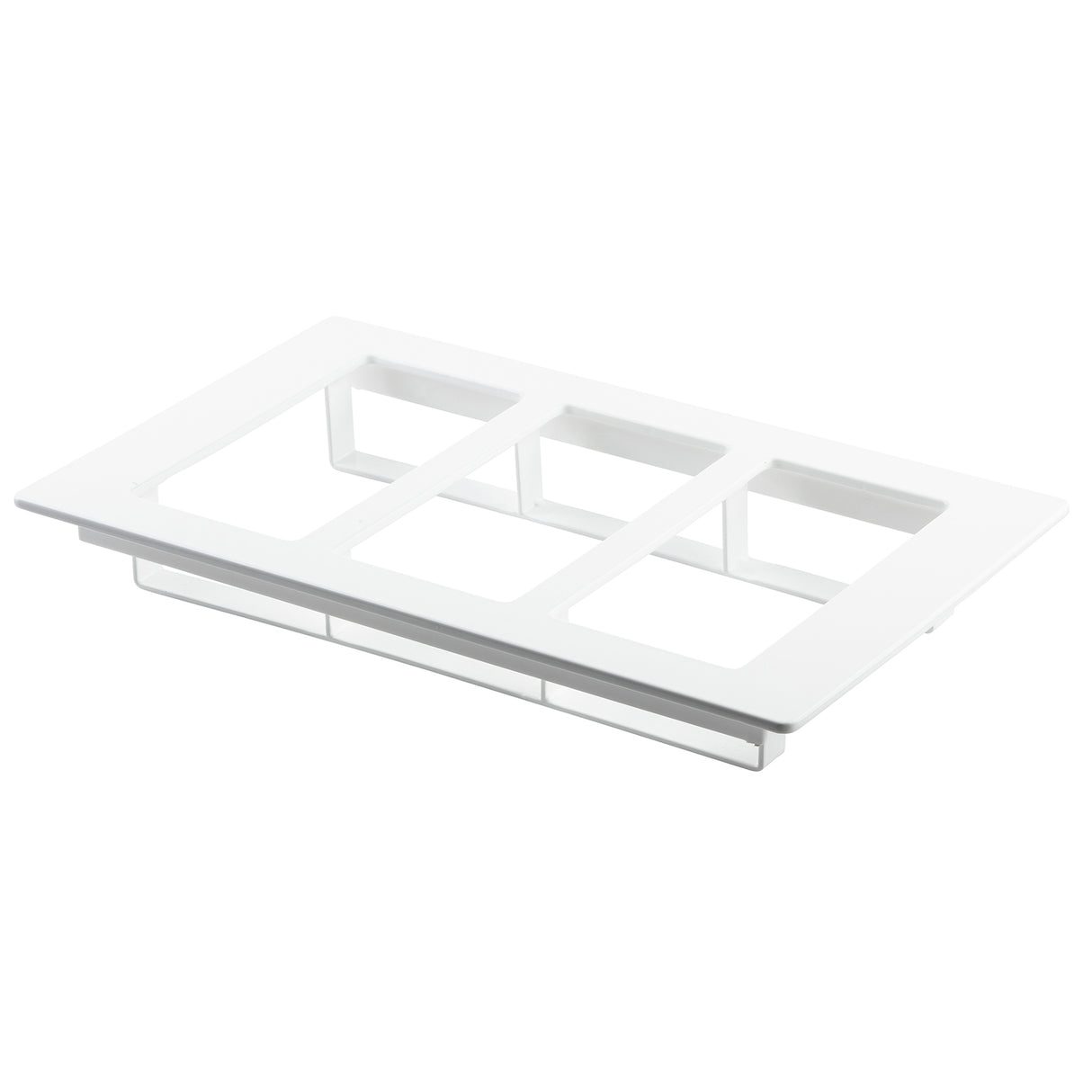 A white plastic triple-gang wall plate with three rectangular openings, shown at an angle on a plain white background. The plate has a smooth, glossy finish, a flat, slightly raised border, and is dishwasher safe for easy cleaning.