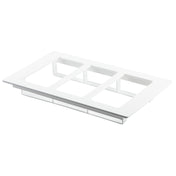 A white plastic triple-gang wall plate with three rectangular openings, shown at an angle on a plain white background. The plate has a smooth, glossy finish, a flat, slightly raised border, and is dishwasher safe for easy cleaning.