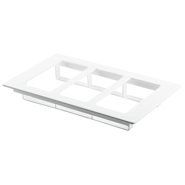 A white plastic triple-gang wall plate with three rectangular openings, shown at an angle on a plain white background. The plate has a smooth, glossy finish, a flat, slightly raised border, and is dishwasher safe for easy cleaning.