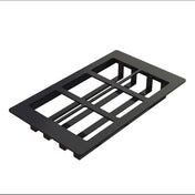 A black rectangular plastic vent cover with multiple horizontal and vertical slats, creating three large openings and six smaller sections. NSF-7 certified, this cold food template is angled to show depth and support tabs underneath against a plain white background.