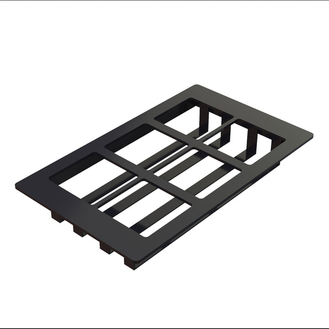 A black, rectangular NSF-7 vent cover with four open slots and a grid pattern, shown at an angle on a white background. The modern, minimalistic design is suitable for air ventilation in floors, walls, or ceilings.