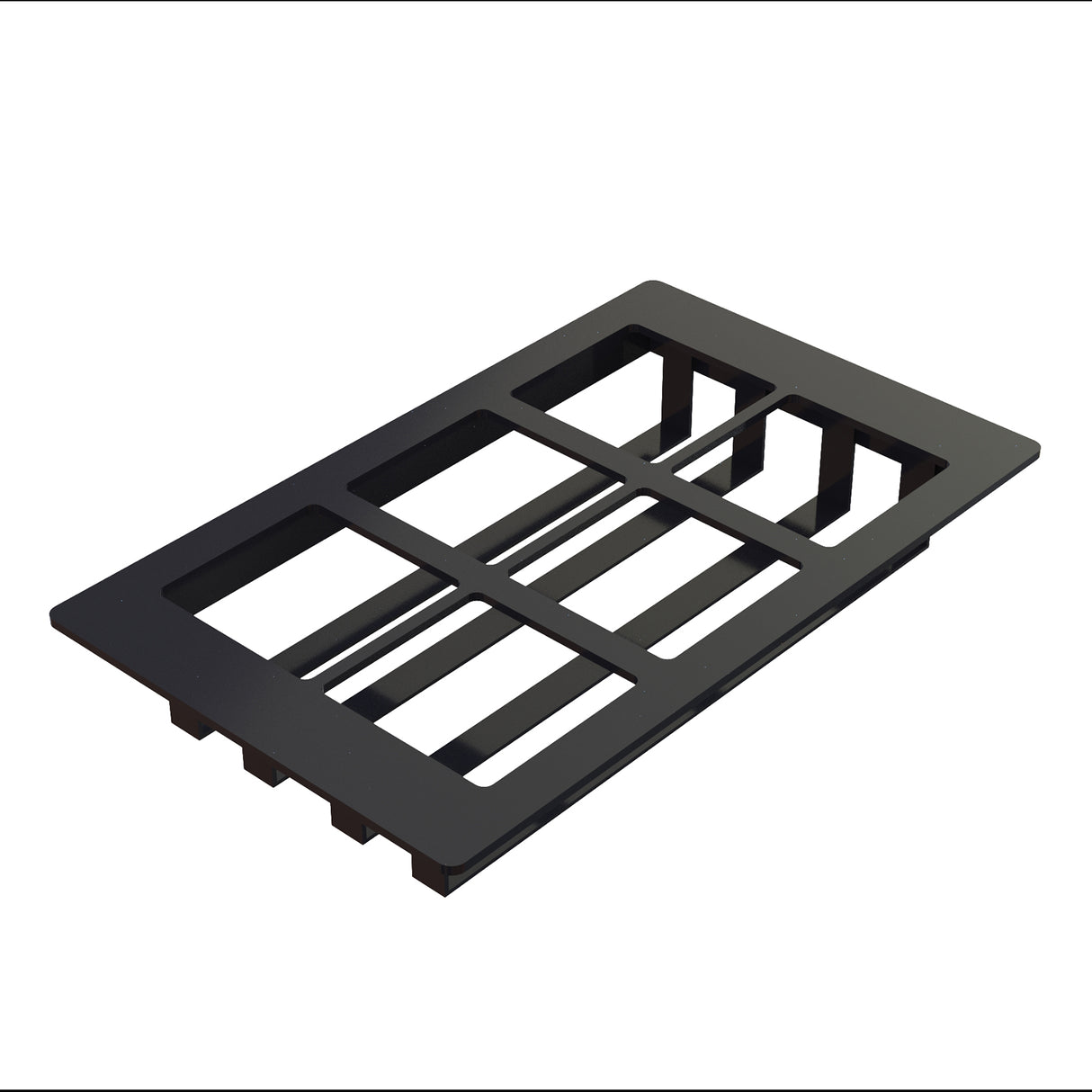 A black, rectangular plastic vent cover with multiple rectangular open slots. The vent cover is angled slightly, displaying its grid-like design and raised edges, and is dishwasher safe. Isolated on a white background.