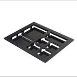 A flat, rectangular black metal or plastic Cold Food Template panel with several rectangular and square cutouts of varying sizes, arranged in a grid pattern, is pictured against a white background, seen from a slightly angled top view.