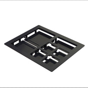 A black, flat, rectangular metal frame with multiple cut-out sections of varying sizes arranged in a grid pattern. This minimalist Cold food template is NSF certified and dishwasher safe, photographed at an angle on a white background.