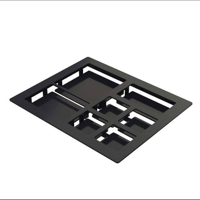 A black, rectangular metal cold food template with multiple rectangular cutouts of varying sizes, arranged in a grid-like pattern. The object is placed on a white background and is viewed at a slight angle from above. Dishwasher safe for easy cleaning.