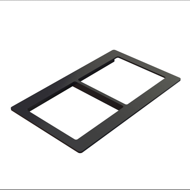 A black rectangular plastic frame with two large rectangular cutouts side by side, resembling a cold food template cover plate for switches or outlets, shown on a white background at an angle.