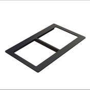 A black rectangular switch plate with two large openings, viewed at an angle on a white background. Crafted from Duracoat coated cast aluminum, it’s designed to frame and cover two electrical switches or outlets.