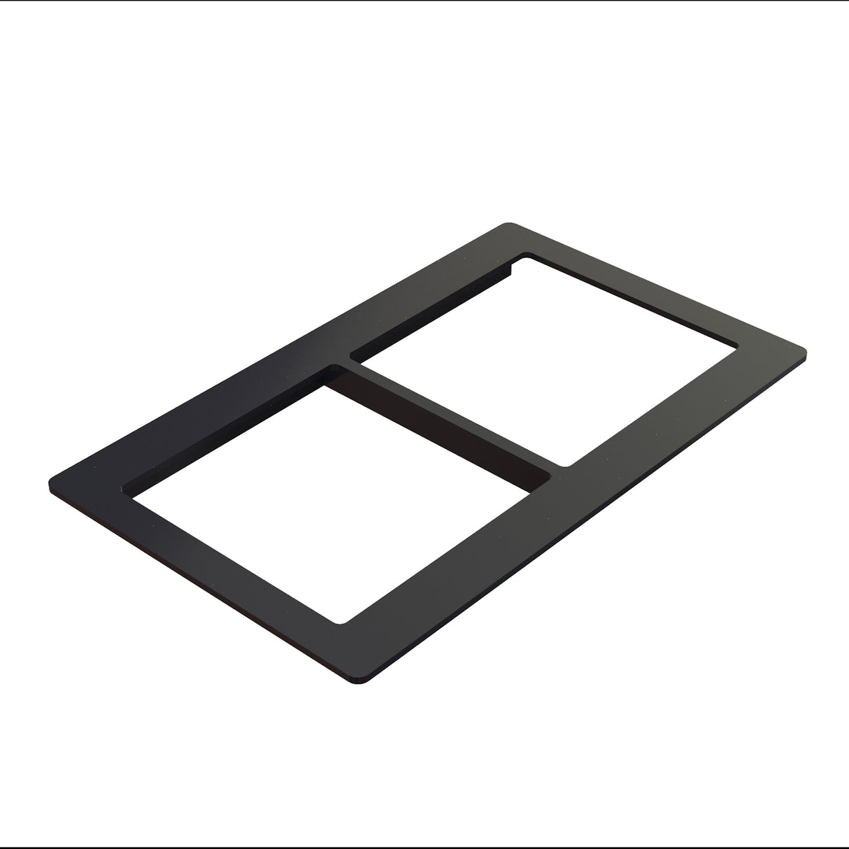 A rectangular black Duracoat coated cast aluminum frame with two large open slots, viewed at an angle on a white background. The frame is thin and flat, with rounded edges and a central divider separating the two slots.