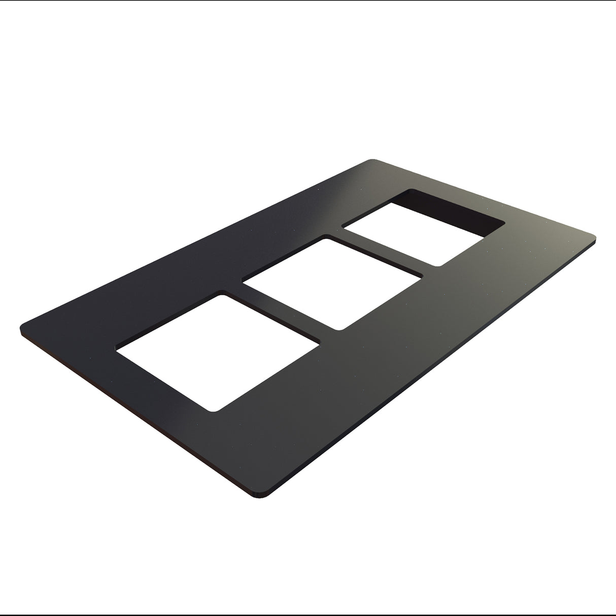 A black rectangular plastic switch plate cover with three cutouts, ideal for triple switches or outlets, is shown lying flat on a white background and viewed from an angle—perfect for use in NSF-7 certified environments.