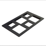 A black rectangular Cold Food Template panel with six cut-out sections of varying sizes, arranged in two rows; the Duracoat coated cast aluminum panel is angled slightly against a white background.