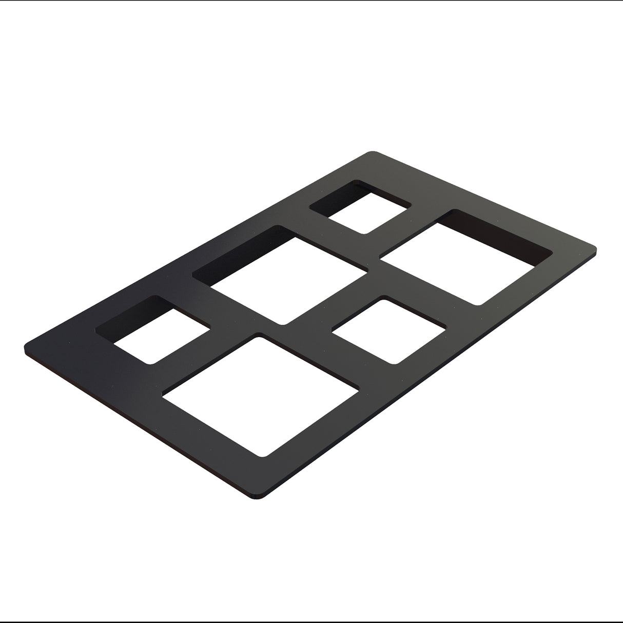 A black, rectangular Duracoat coated cast aluminum stencil lies on a white background. With six geometric cutouts in two rows and smooth, rounded edges, this cold food template is also dishwasher safe for easy cleaning.