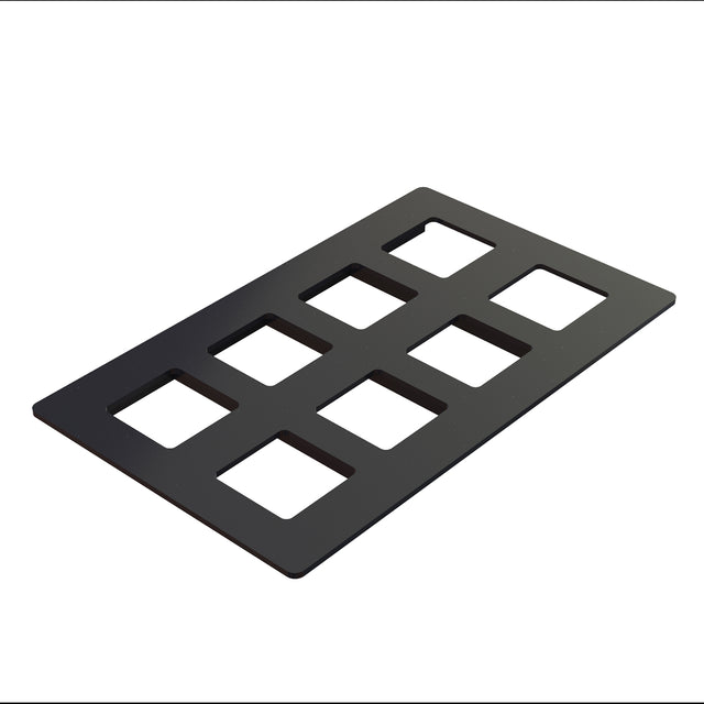 A black rectangular panel with eight evenly spaced square cutouts arranged in two rows of four, shown at an angle on a white background. Made from durable Duracoat coated cast aluminum, this panel is dishwasher safe for easy cleaning.