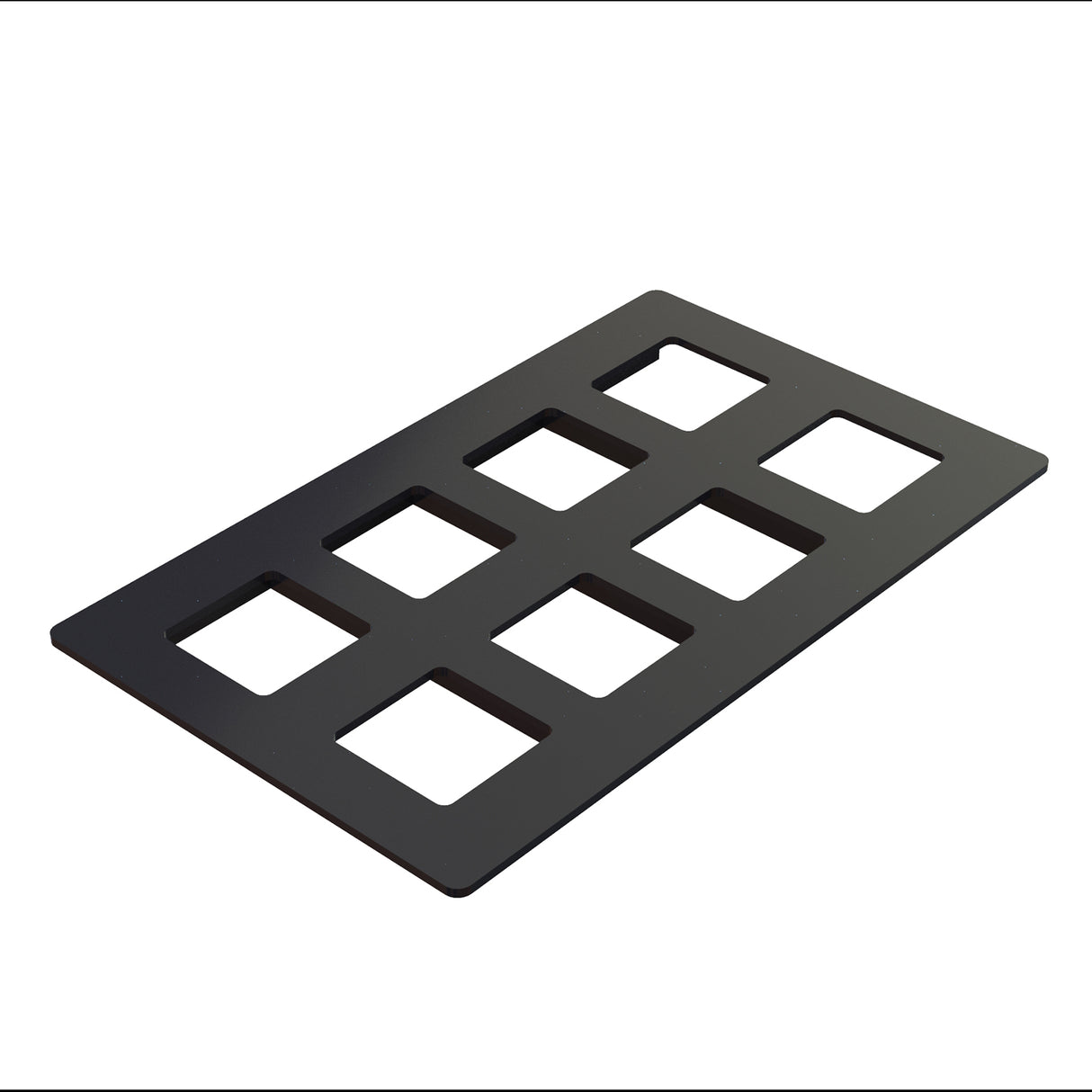 A black Duracoat coated cast aluminum panel with eight evenly spaced rectangular cutouts, arranged in two rows of four, lies on a white background and is viewed at an angle. The panel appears to be a cold food template.