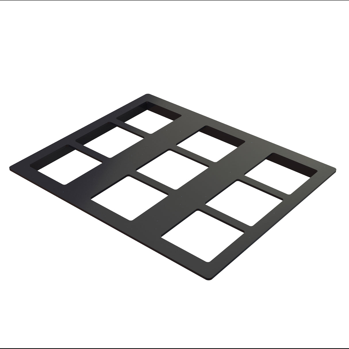 A black Duracoat coated cast aluminum rectangular sheet with six evenly spaced square cutouts, arranged in two rows of three, serves as a cold food template. It is placed on a white background and viewed at an angle.