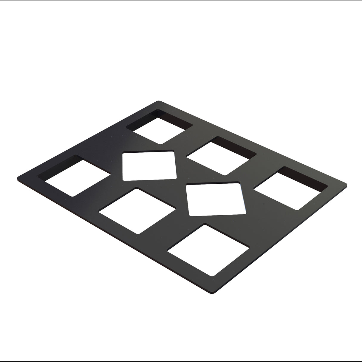 A flat, rectangular black NSF-7 cold food template made of Duracoat coated cast aluminum features eight square cutouts—four central diamonds and four corner squares. The sheet is viewed at an angle on a white background.