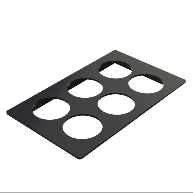 A black rectangular cold food template with six large circular holes in two rows of three. Made from Duracoat coated cast aluminum and NSF-7 certified, the panel sits on a white background, viewed at an angle to highlight its sleek, thin profile.