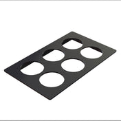 A black rectangular tray with six large circular cutouts arranged in two rows of three, crafted from Duracoat coated cast aluminum. The flat tray is dishwasher safe and photographed on a white background at an angle.