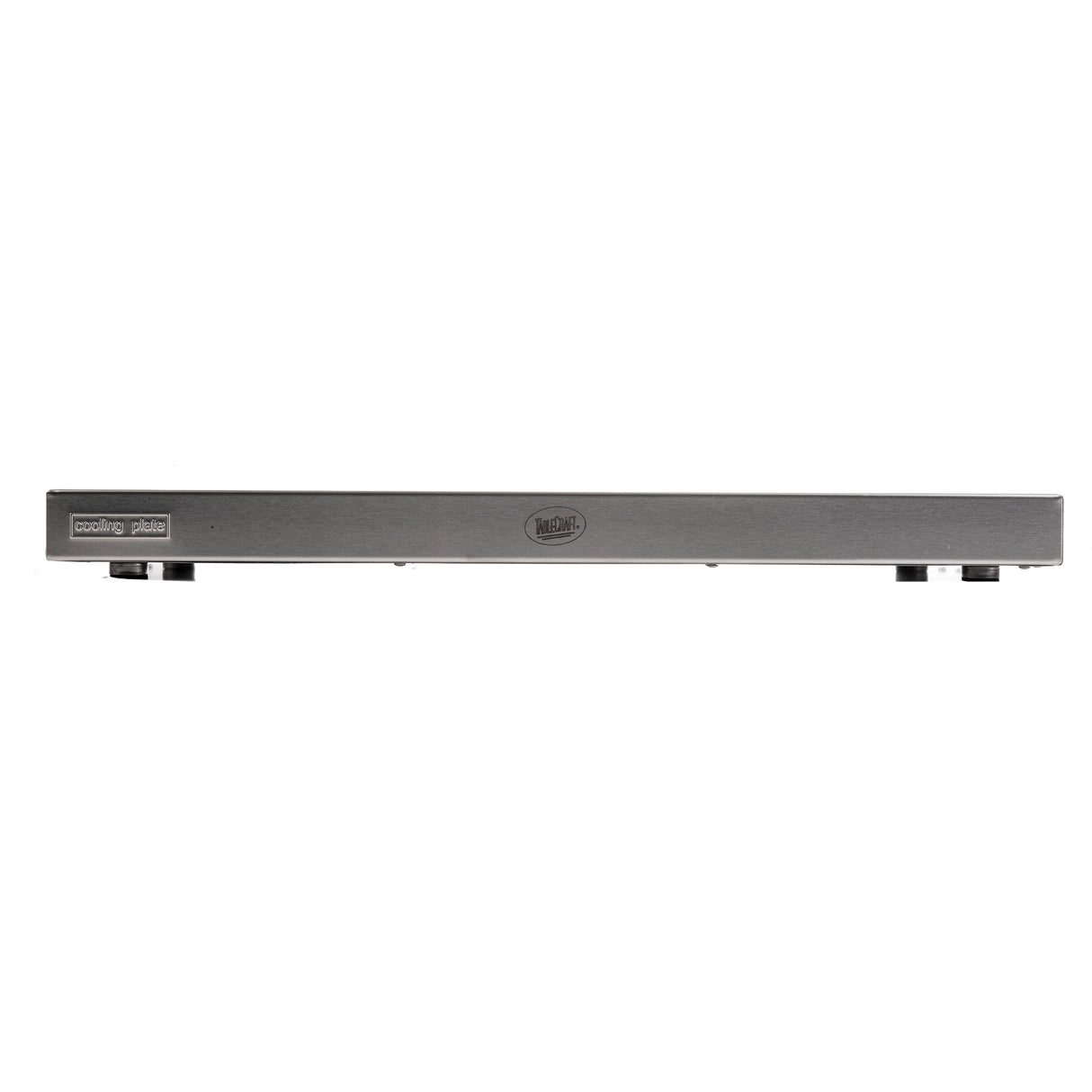 The TableCraft Stainless Steel Cooling Plate features a brushed metal finish, elevated on four short black feet. A central logo and a small label reading "cooling plate" complete the sleek design. Background is plain white.