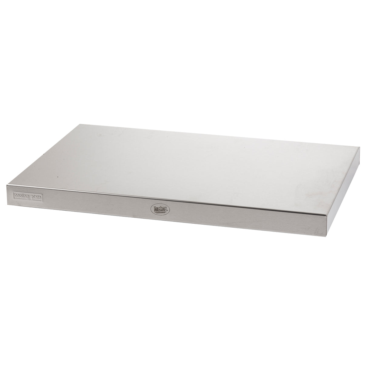 A plain, rectangular Stainless Steel cooling plate with a smooth, reflective surface. The edges are slightly rounded, and small TableCraft labels appear on the front edge. The slab rests on a white background.