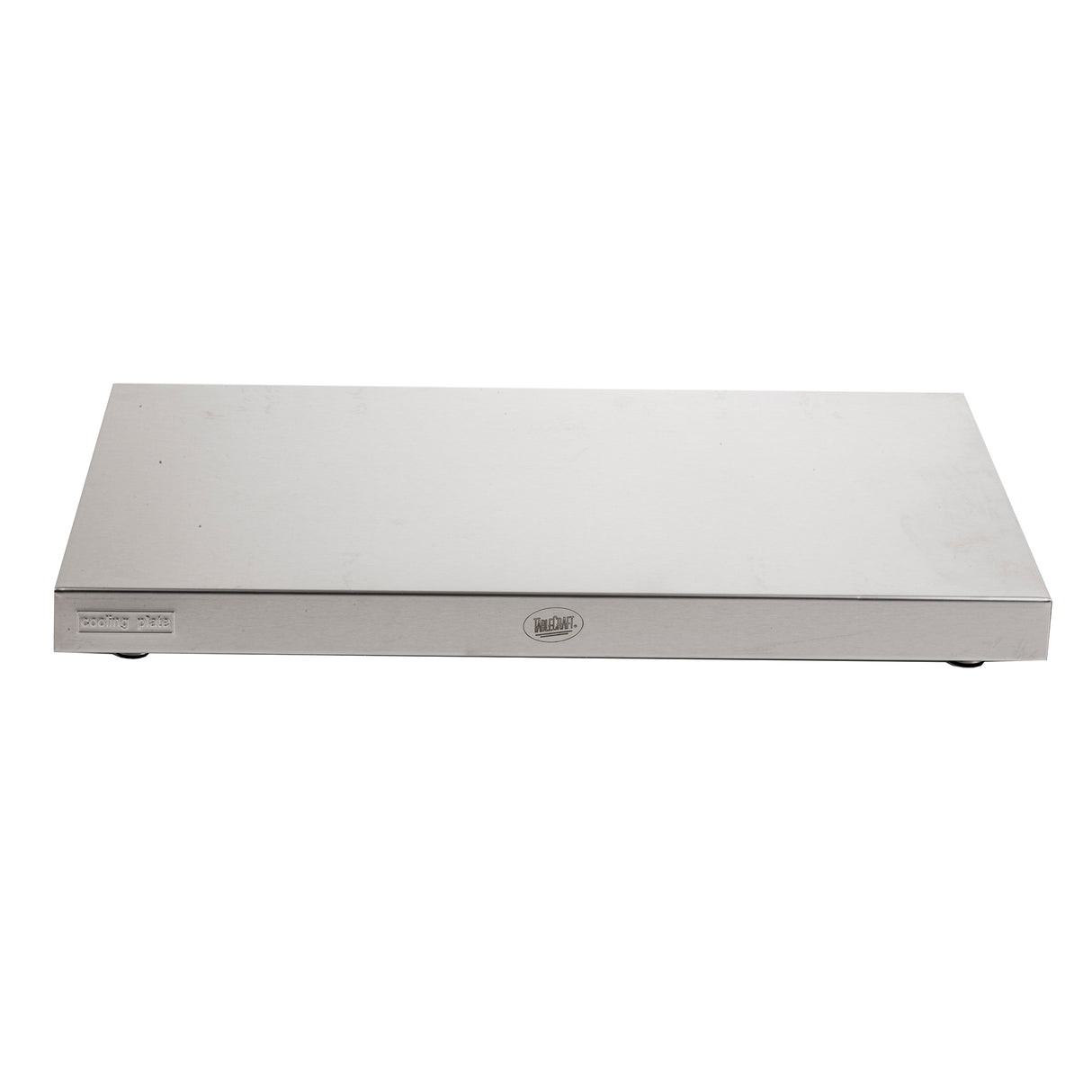 A rectangular TableCraft stainless steel warming tray with a flat surface, low profile, and rounded edges. Featuring a small control panel on one front corner and a central logo, it keeps food warm and is photographed against a white background.