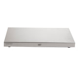 A rectangular TableCraft stainless steel warming tray with a flat surface, low profile, and rounded edges. Featuring a small control panel on one front corner and a central logo, it keeps food warm and is photographed against a white background.