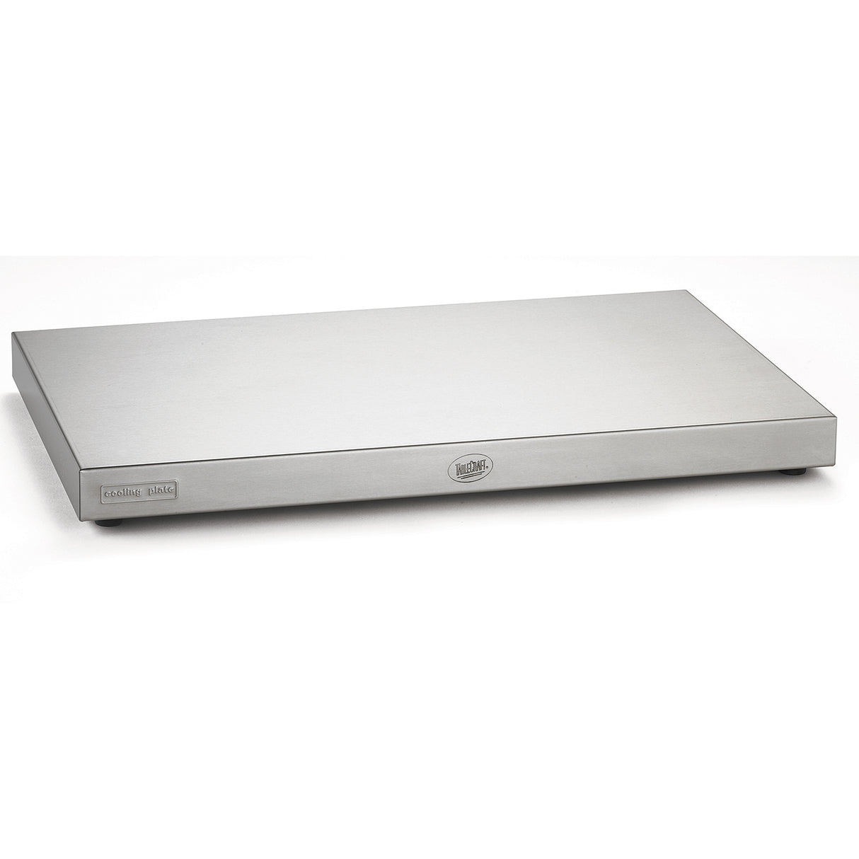 A rectangular TableCraft stainless steel warming tray with a flat, smooth surface and short legs. The tray features small brand labels on the front side and is placed on a white background.