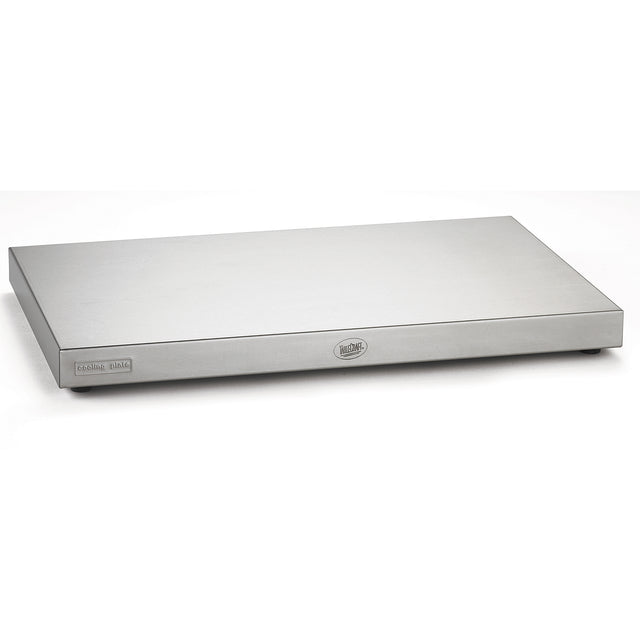 A rectangular TableCraft stainless steel warming tray with a flat, smooth surface and short legs. The tray features small brand labels on the front side and is placed on a white background.