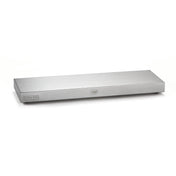 A rectangular, stainless steel warming tray by TableCraft with a smooth, flat top. A label on the left corner reads "warming plate," and a circular logo is centered on the front. The tray sits on a white surface against a plain white background.
