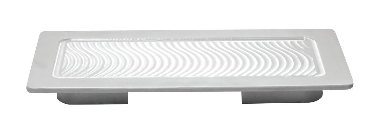 A rectangular, white, slightly raised object with curved, parallel grooves on its surface. Featuring two short, wide legs underneath, this minimal and modern design resembles a half size hot well cover or tray.