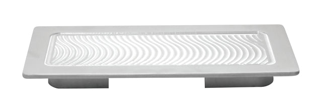 A rectangular, white, slightly raised object with curved, parallel grooves on its surface. Featuring two short, wide legs underneath, this minimal and modern design resembles a half size hot well cover or tray.