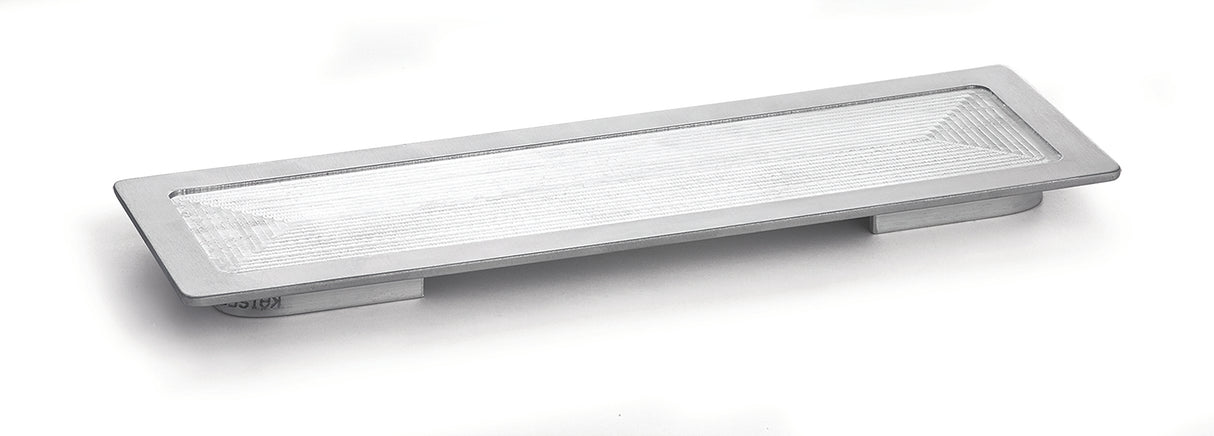A rectangular, metallic flush pull handle with beveled edges and a textured inner surface, designed for sliding doors or drawers; made from an aluminum hot well cover and finished in silver, it is shown on a white background.