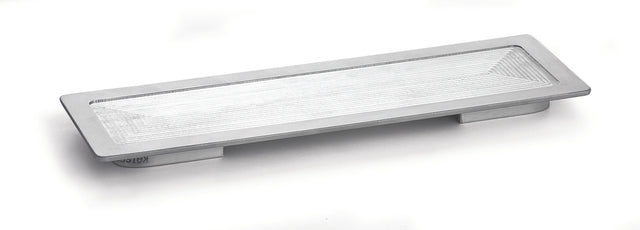 A rectangular, metallic flush pull handle with beveled edges and a textured inner surface, designed for sliding doors or drawers; made from an aluminum hot well cover and finished in silver, it is shown on a white background.