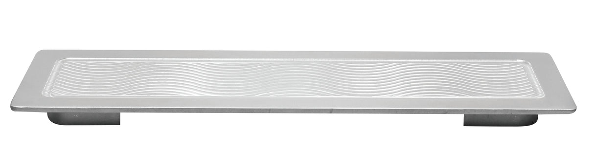 A rectangular aluminum metal drawer pull with a wavy embossed pattern on the flat top surface. Featuring two short, blocky legs for attachment, this modern design is both decorative and dishwasher safe for easy maintenance.